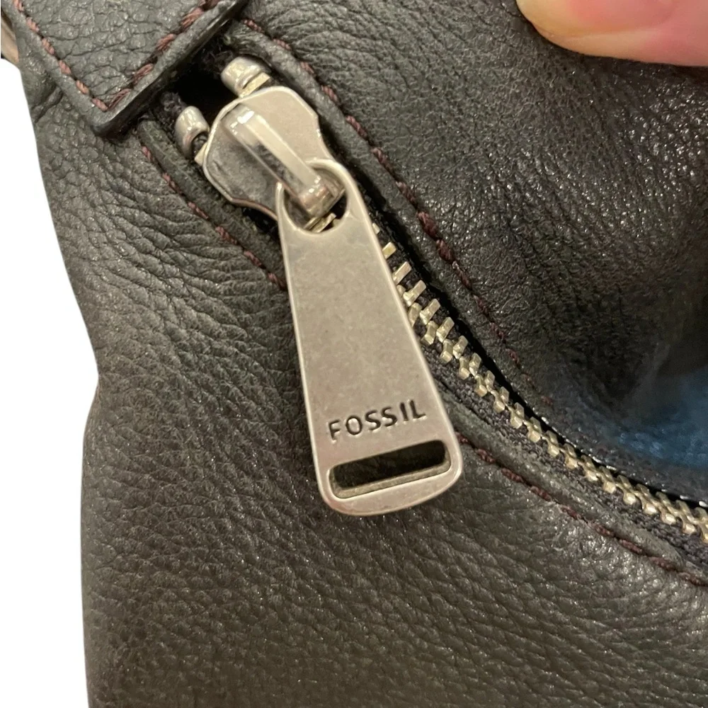 FOSSIL Black Leather Pebbled Satchel‎ Shoulder Handbag Zip Boho Hippie Western
